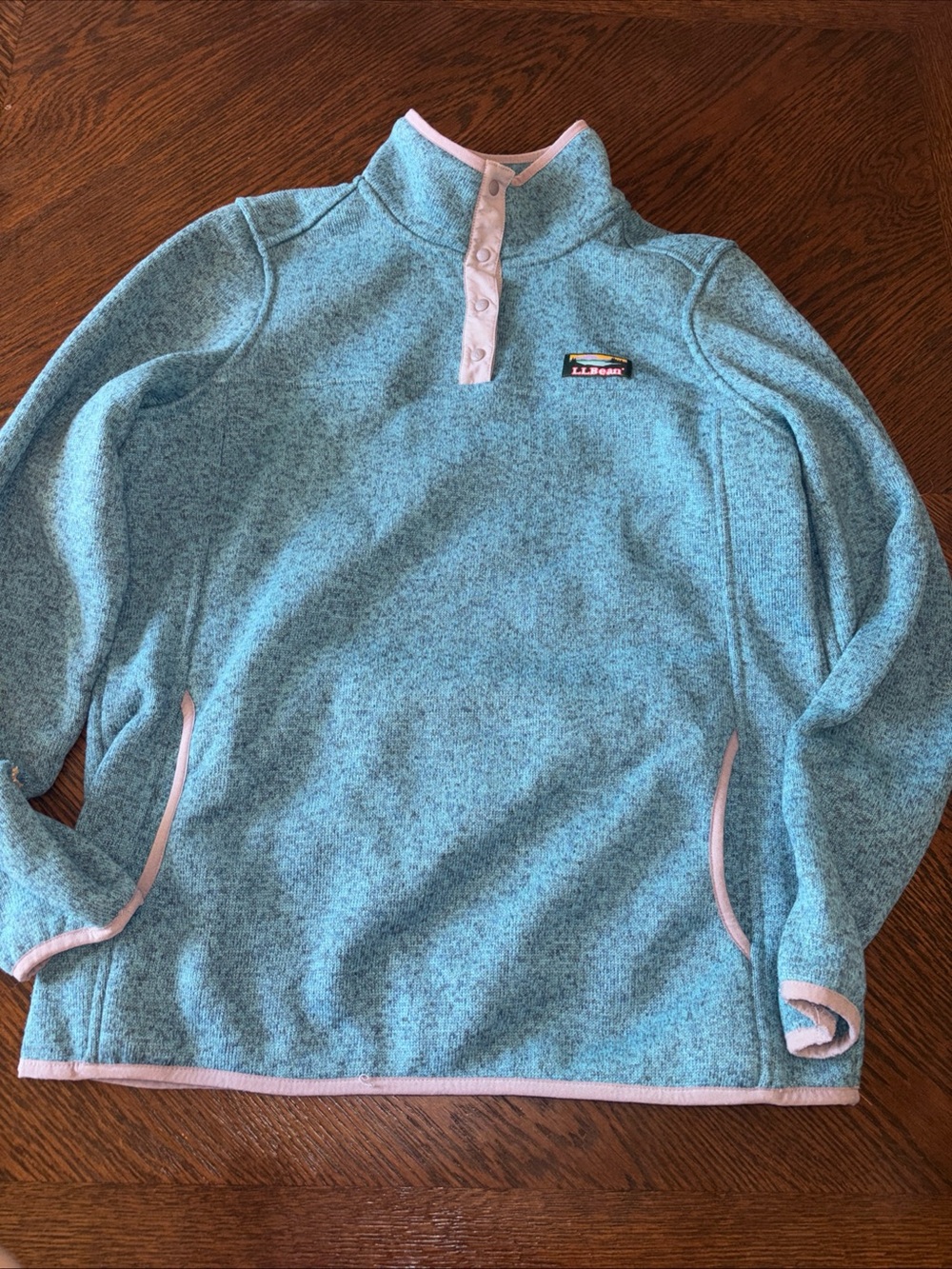 L.L. Bean Sky Blue Fleece Snap Pullover with gray Trim Medium